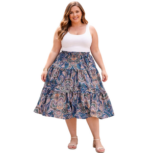 Blue and Green Tiered A-Line boho Midi Skirt